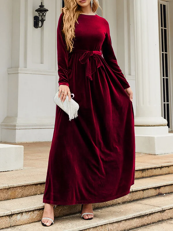 Long Sleeves Wrap Belted Pleated Solid Color Zipper Round-Neck Maxi Dresses