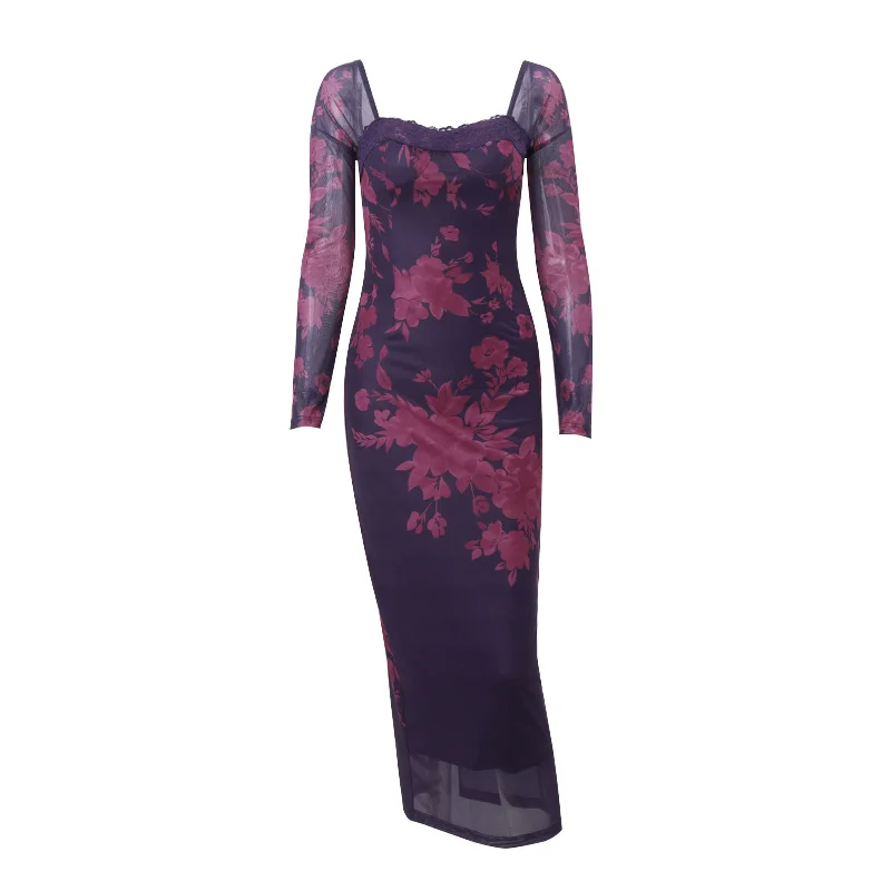 Pongl Pongl Women's Fall 2023 New Sexy Retro Print Lace Strap Slim Slit Long Sleeved Dress Woman