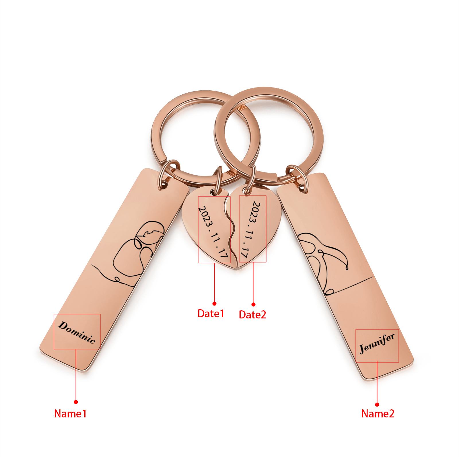 Personalised Couple Keychain Custom 2 Names & 2 Dates Keyring Heart Valentine's Day Gift for Him/Her-Jessemade AU