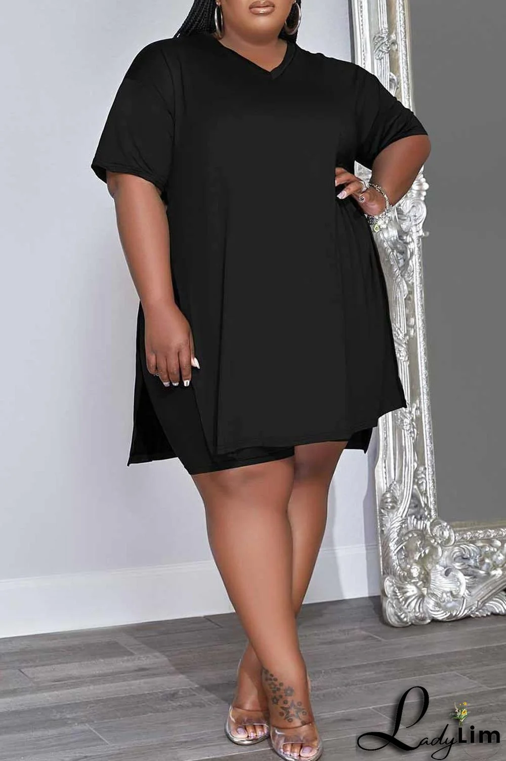 Green Casual Solid Patchwork V Neck Plus Size Two Pieces