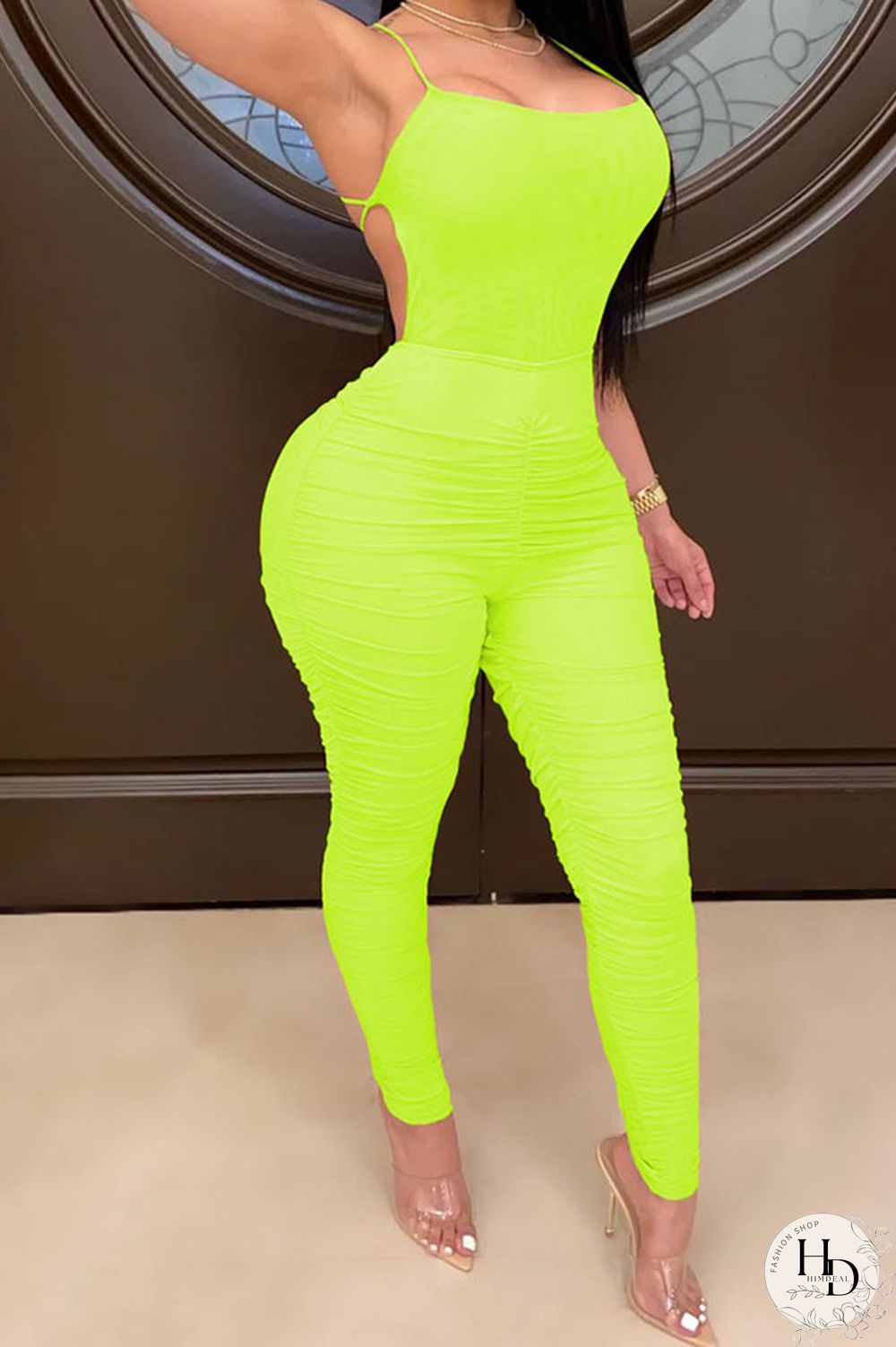 Fluorescent green Fashion Casual Solid Draped Polyester Sleeveless Slip Jumpsuits