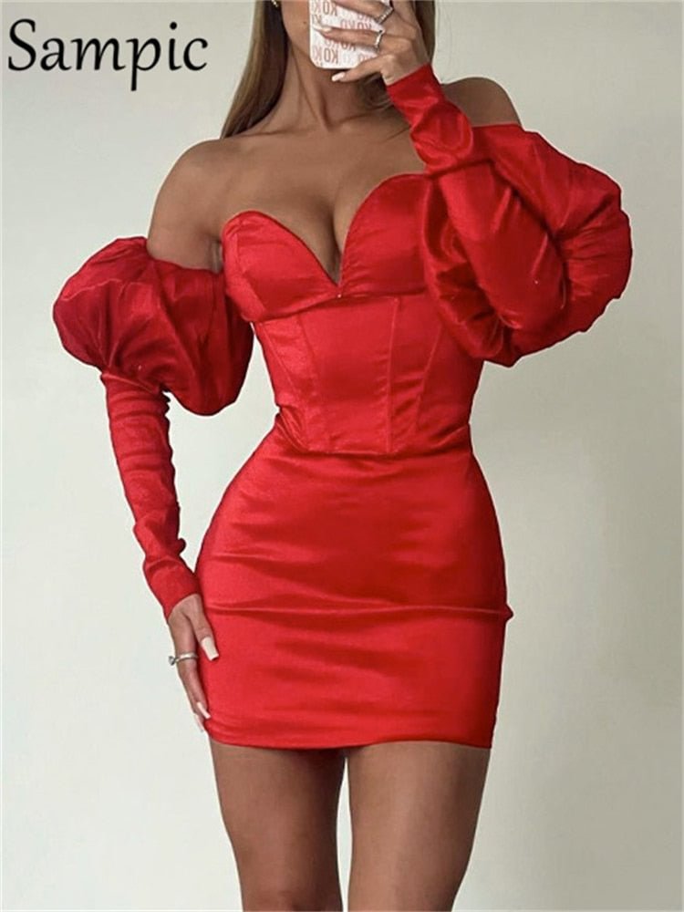 Sampic Sexy Women Red Night Club Fashion Bodycon Off Shoulder Mini Dress 2022 Party Long Puff Sleeve Wrap V Neck Dress