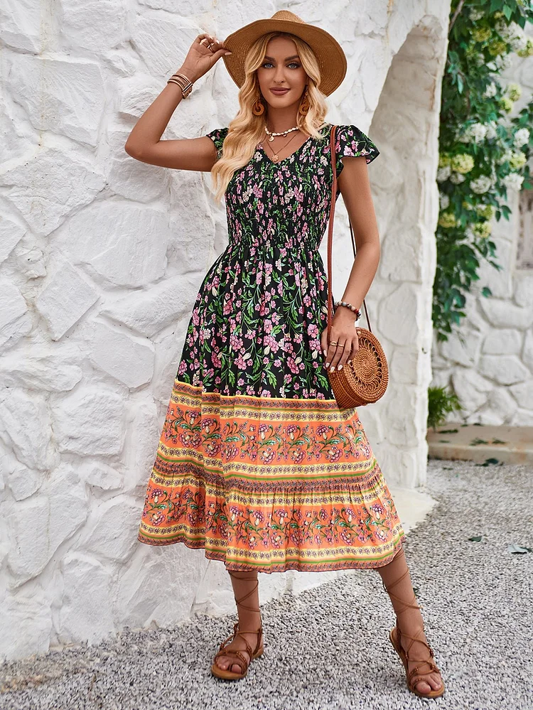 Bohemian style V-neck patchwork dress