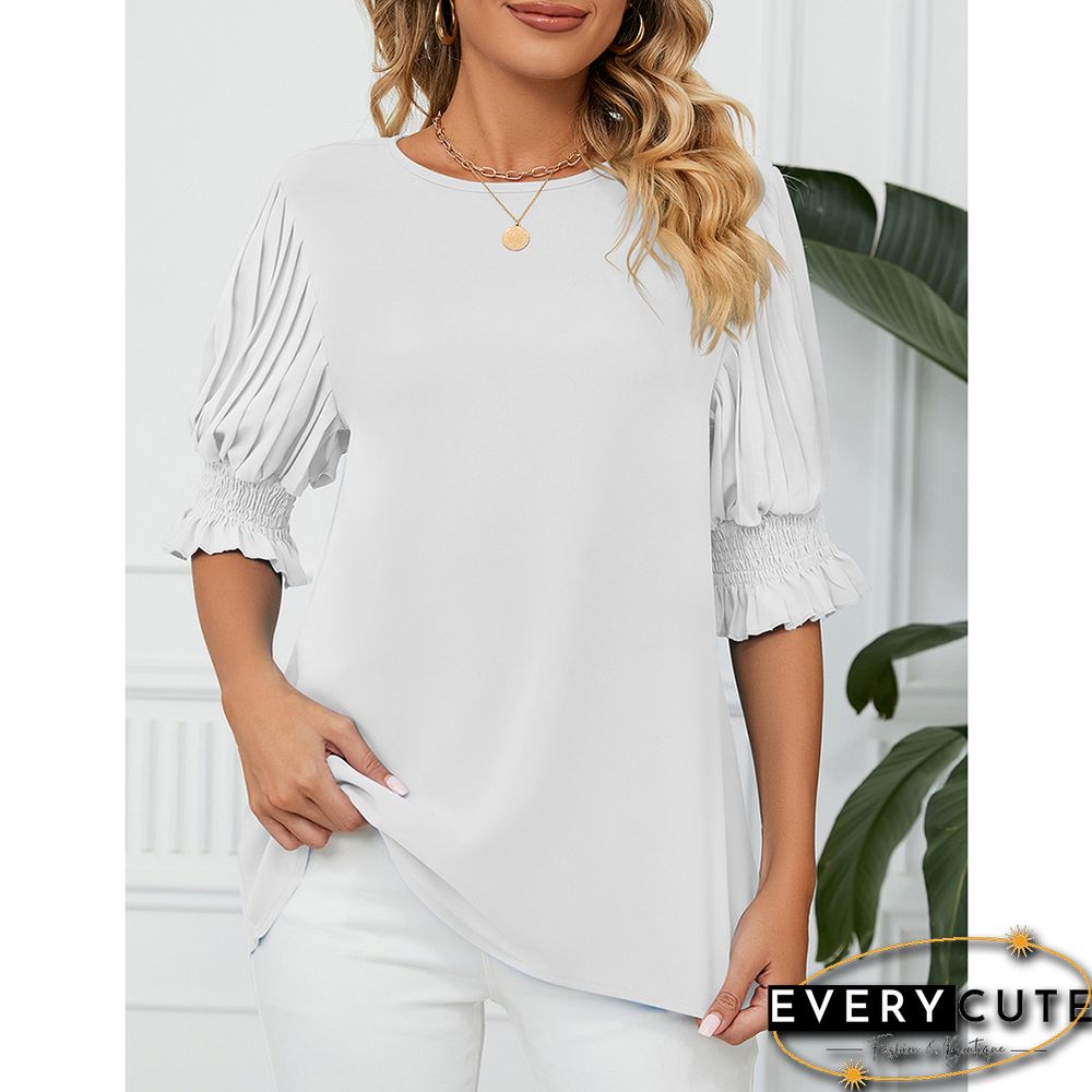 White Back Keyhole Ruffle 1/2 Sleeve Chiffon Blouse