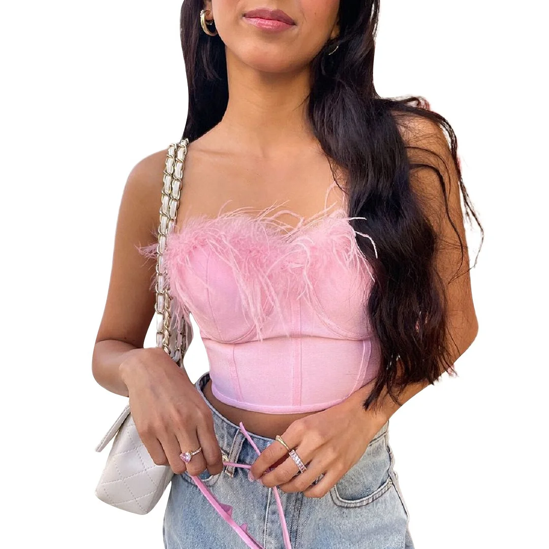 wsevypo Women Feather Patchwork Tube Top Chic Summer Strapless Crop Top for Club Party 2022 Off-Shoulder Strapless Tops