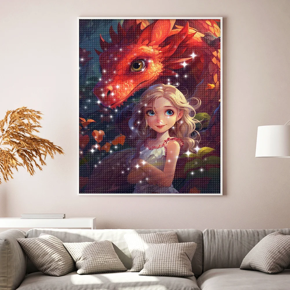 9CT Full Cross Stitch Bead Embroidery - Girl Dragon(Canvas|40*50CM)