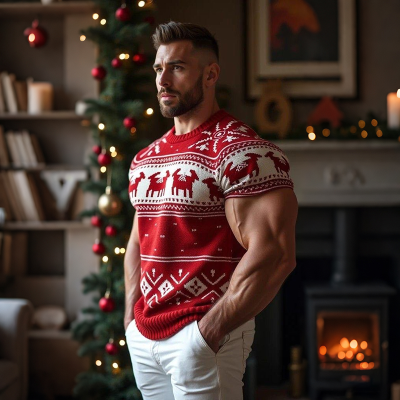 Men's Christmas Jacquard Icelandic Art Cozy Knit Short Sleeve Sweater elevenforest