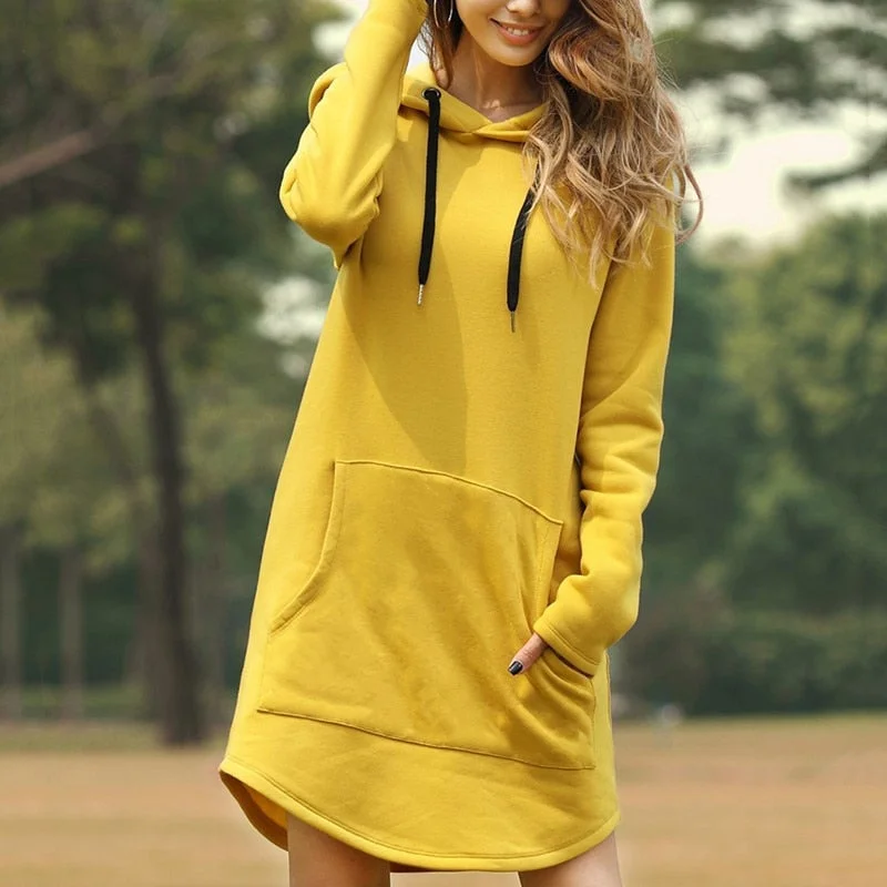 Women Solid Hoodies Dress Autumn Warm Oversized Long Sleeve Sweatshirt Casual Pocket Irregular Hem Female Long Hoody Dresses