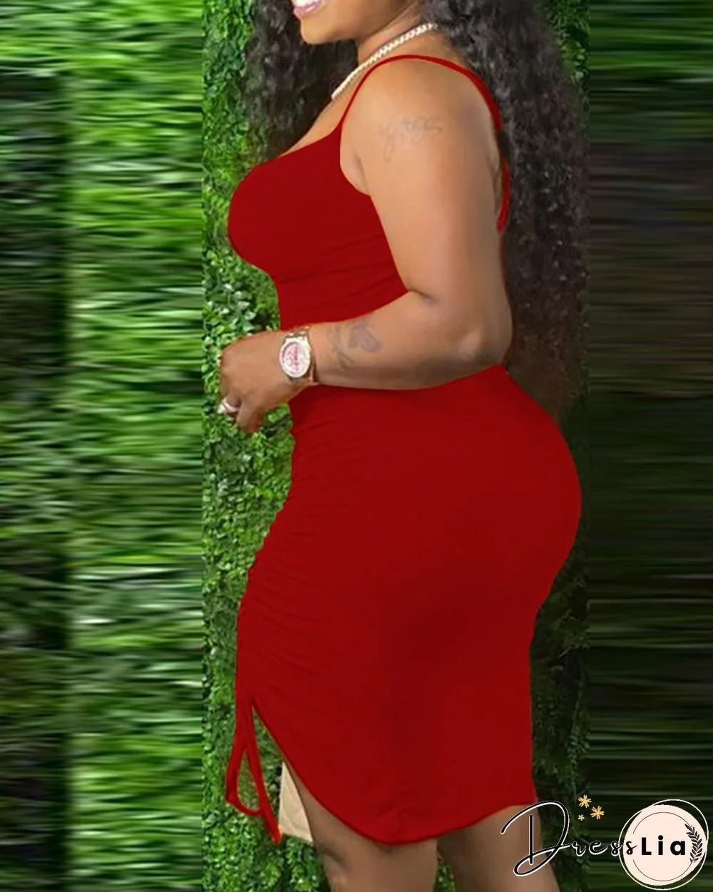Plain Square Neck Drawstring Ruched Cami Bodycon Dress