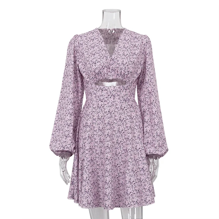 Ueong Ueong Women's Wear 2023 Summer New Fashion Long-Sleeved V-Neck Careful Machine Dress Print Show Thin French Skirt