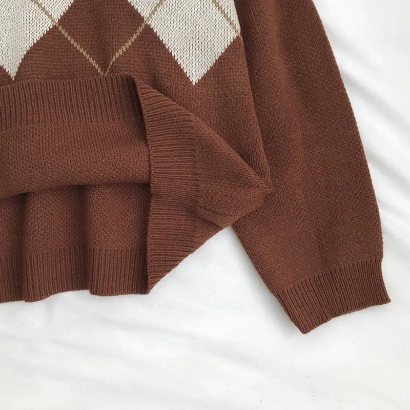 Knitted Sweater Women Argyle Oversize Sweaters Korean Pullovers Ladies Winter Loose Sweaters Female Casual Jumper Ropa De Mujer
