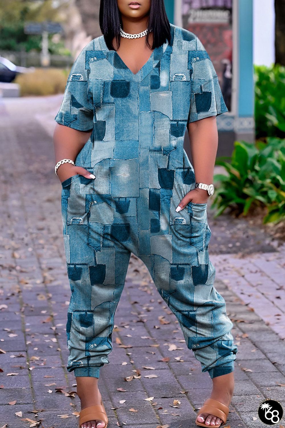 The cowboy blue Street Print Patchwork V Neck Harlan Jumpsuits | 168DEAL