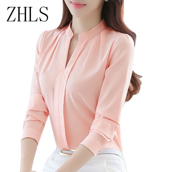 Spring Autumn Women Tops Long Sleeve Casual Chiffon Blouse Female V-Neck Work Wear Solid Color White Office Shirts For Women - BlackFridayBuys