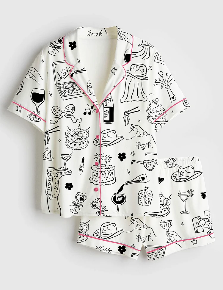 Women&rsquo;s Hand Drawn Bachelorette Whimsical Girls Night Bach Party Print Short Sleeve Satin Pajama Set