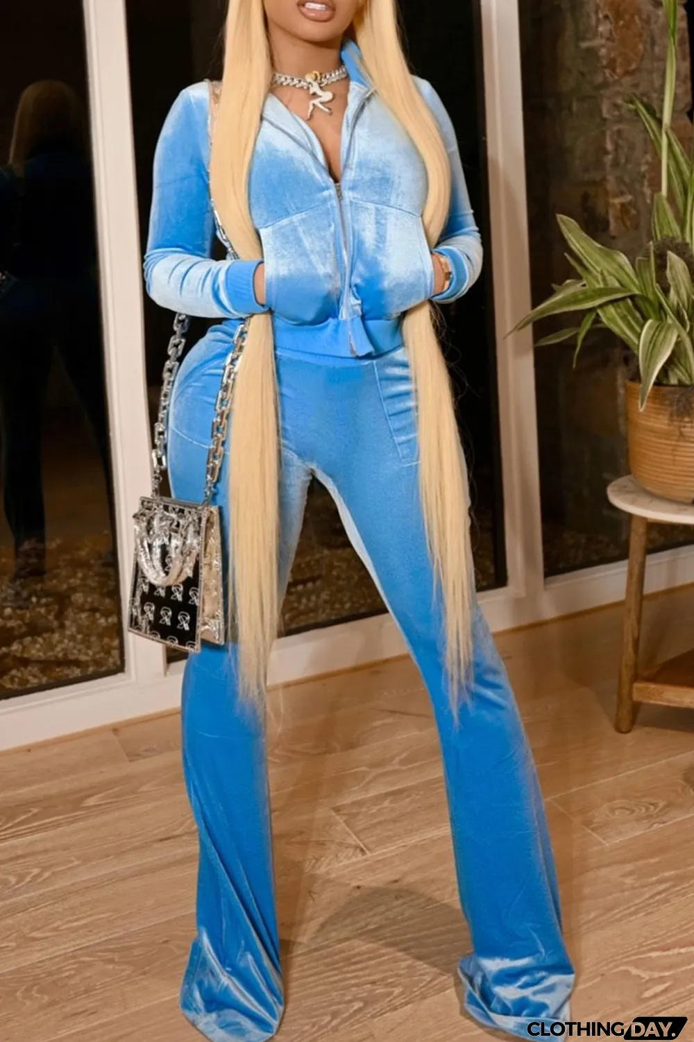 Blue Casual Solid Split Joint O Neck Long Sleeve Two Pieces