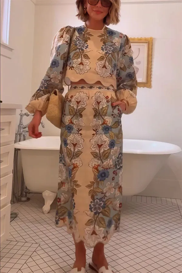 Garden Linen Blend Floral Print Wavy Hem Long Sleeve Top and High Rise Pocket Slit Midi Skirt Set