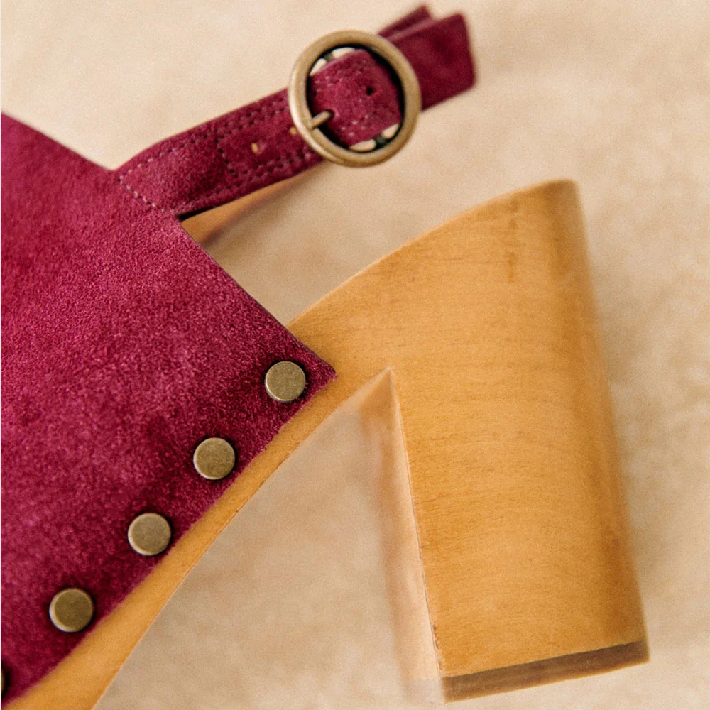 Fashion Maroon Peep Toe Slingback Studded Platform Heels with Buckle