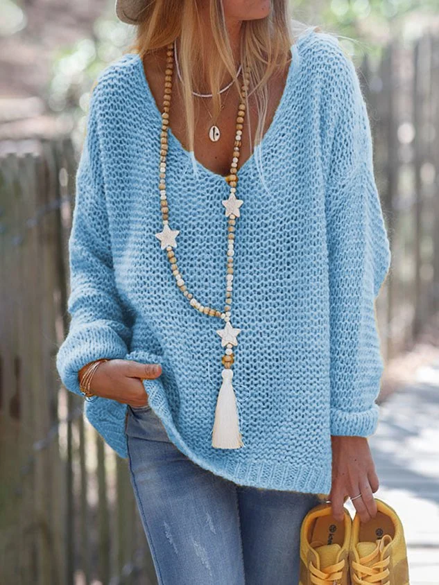 Yellow Long Sleeve Solid V Neck Knitted Sweater