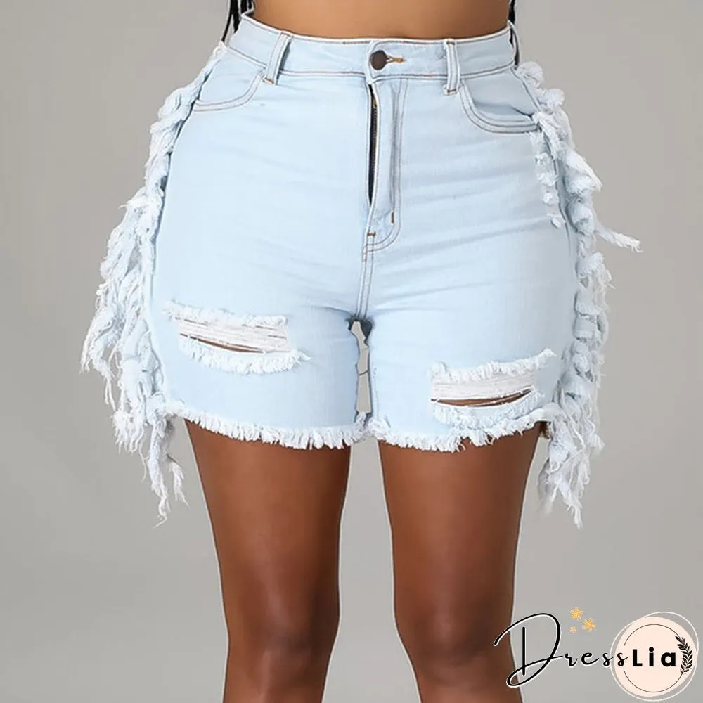 New Tassel Denim Short Women Street Fashion Stretch Ripped Denim Shorts
