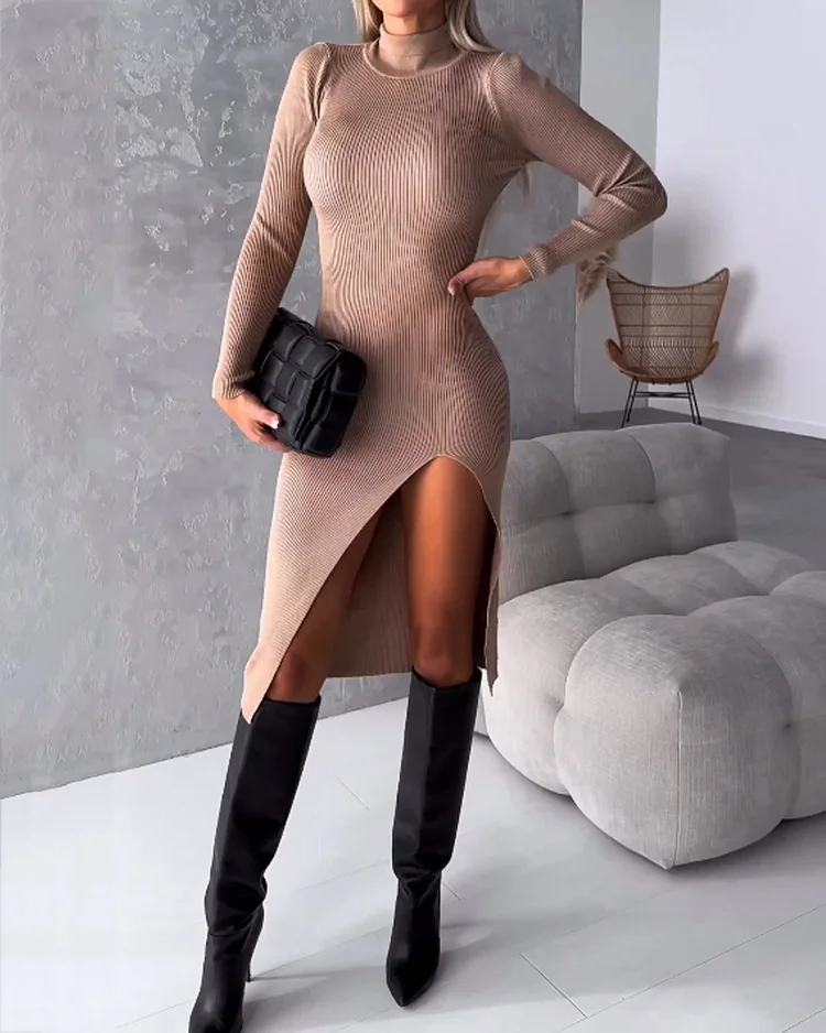 Solid Color Turtleneck Knitted Slit Bodycon Dress