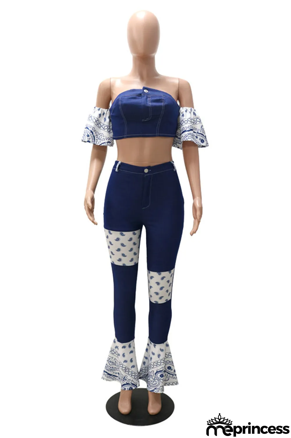 Dark Blue Sexy Casual Patchwork Backless Strapless Short Sleeve Two Pieces