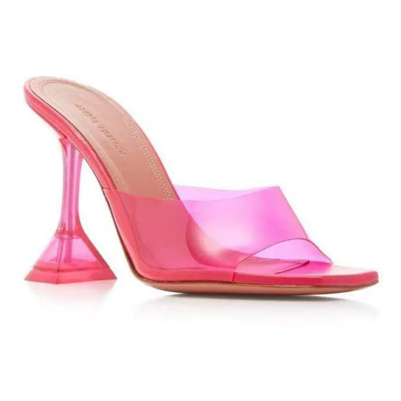Transparent crystal heel slippers women's summer new fashion wine glass heel square toe fashion sandals Large size
