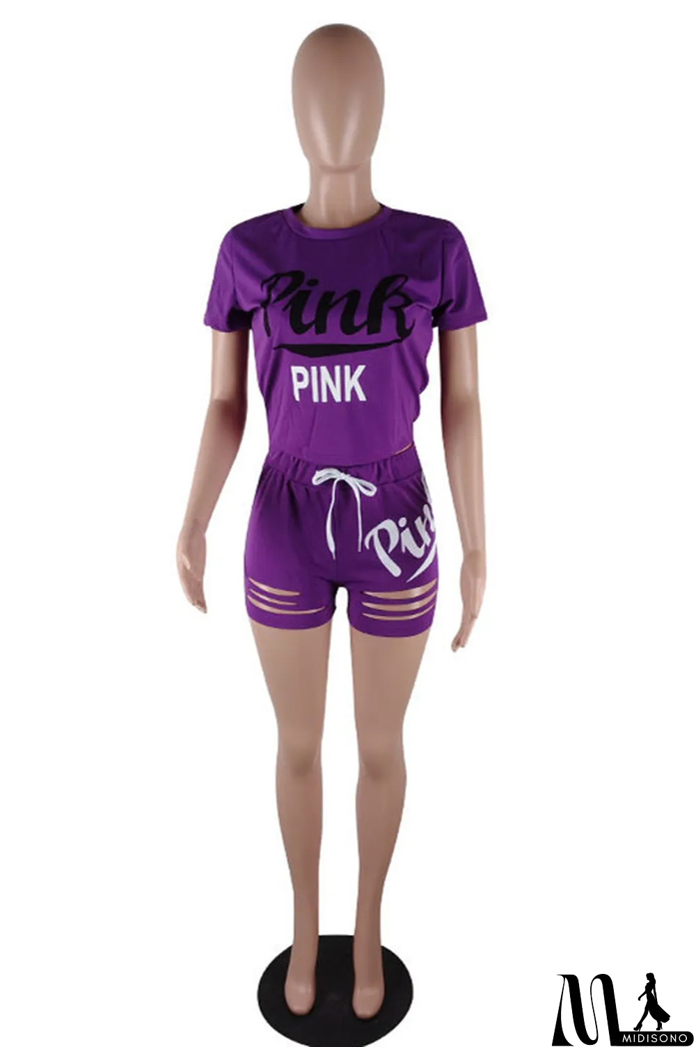 MidiSono - Pink Fashion Casual Letter Print Ripped O Neck Short Sleeve Two Pieces