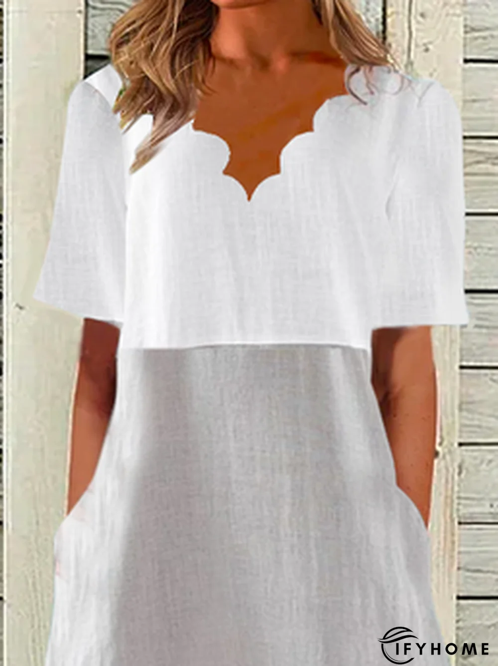 Women's Daily Casual Plain V Neck Color Block Cotton Linen Short sleeve Midi Dress | IFYHOME