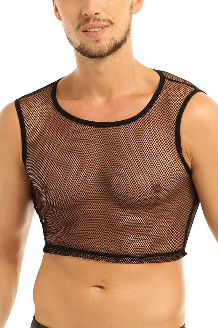 Men's Mesh Casual See-Through Hollow Short Crop Tank Top