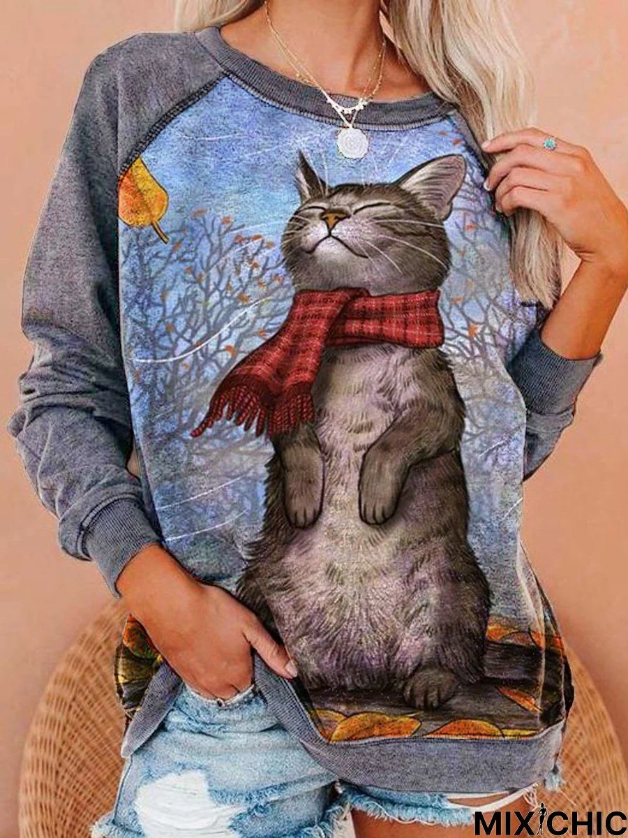 Gray Long Sleeve  CAT Print Sweatshirt