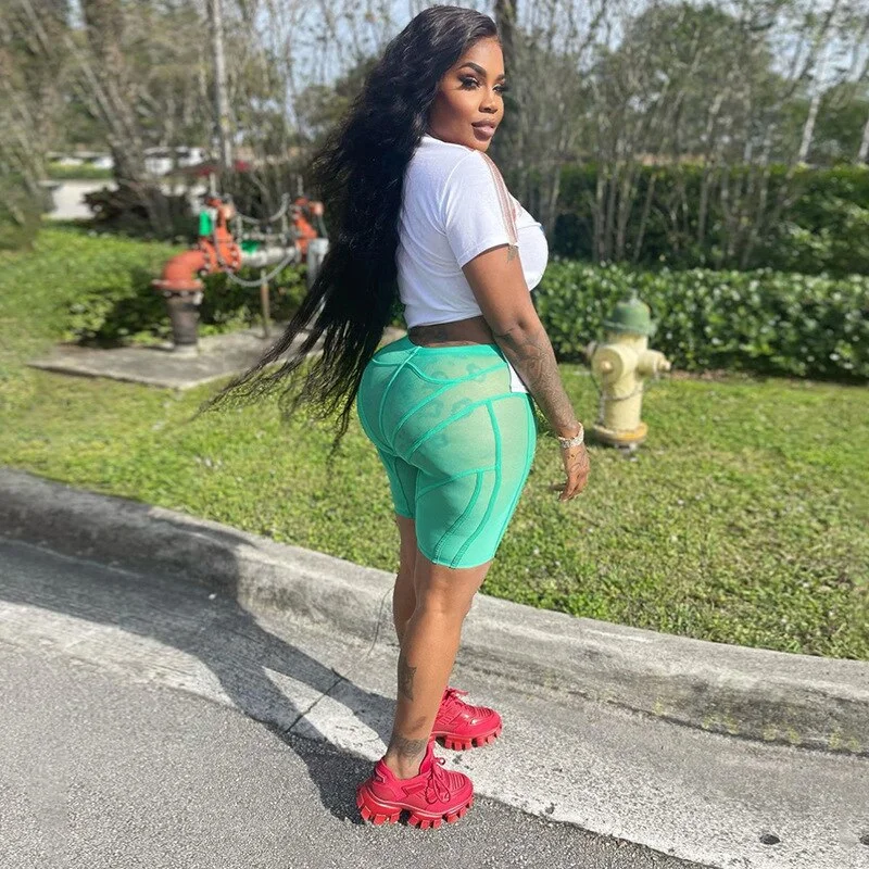 BIIKPIIK Mesh Transparent Casual Shorts Women Solid Stitching Stretch Mid Waist Trousers Female Biker Sportwear Bodycon Bottoms