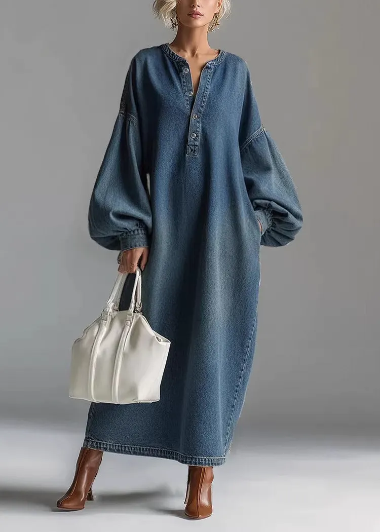 Casual Blue Oversized Denim Maxi Dresses Lantern Sleeve Summer