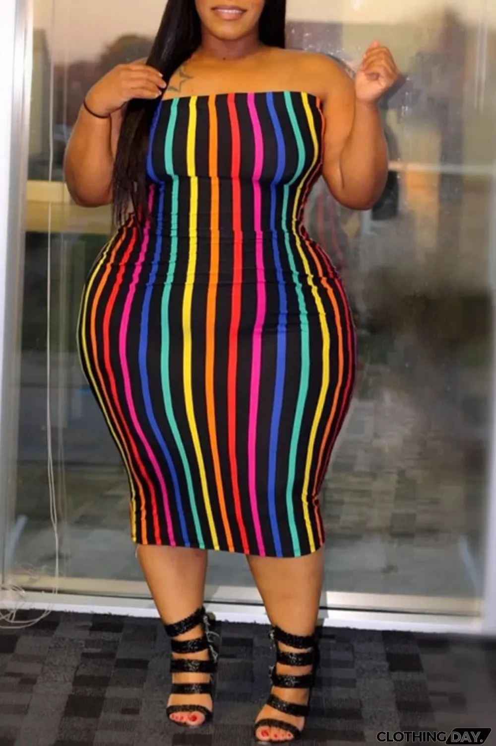 Colour Sexy Print Split Joint Strapless Pencil Skirt Plus Size Dresses