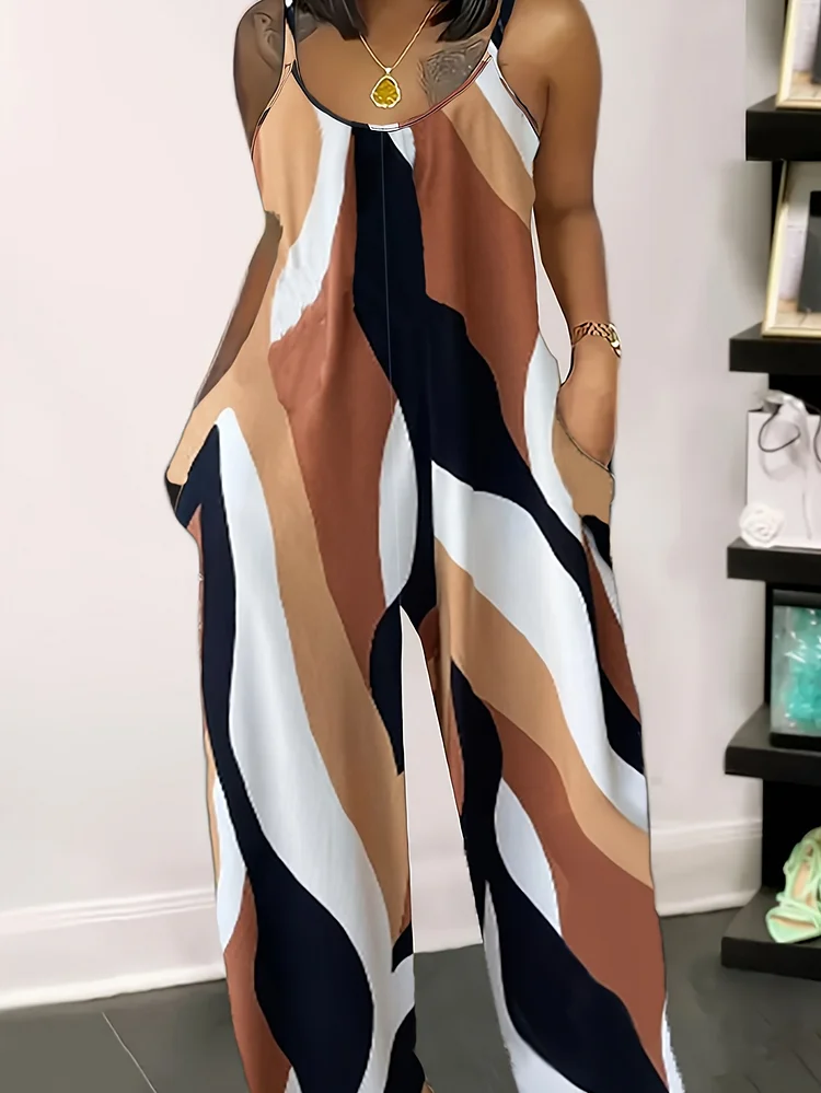 Women's Lightweight Loose-Fit Camisole Jumpsuit - Abstract Geometric Print In Beige/White/Black/Blue/Orange - Machine Washable Spring Summer Beach Vacation Casual Outfit, Summer Outfit, Halter Neck Style, Comfortable Fit, Flowy Fabric
