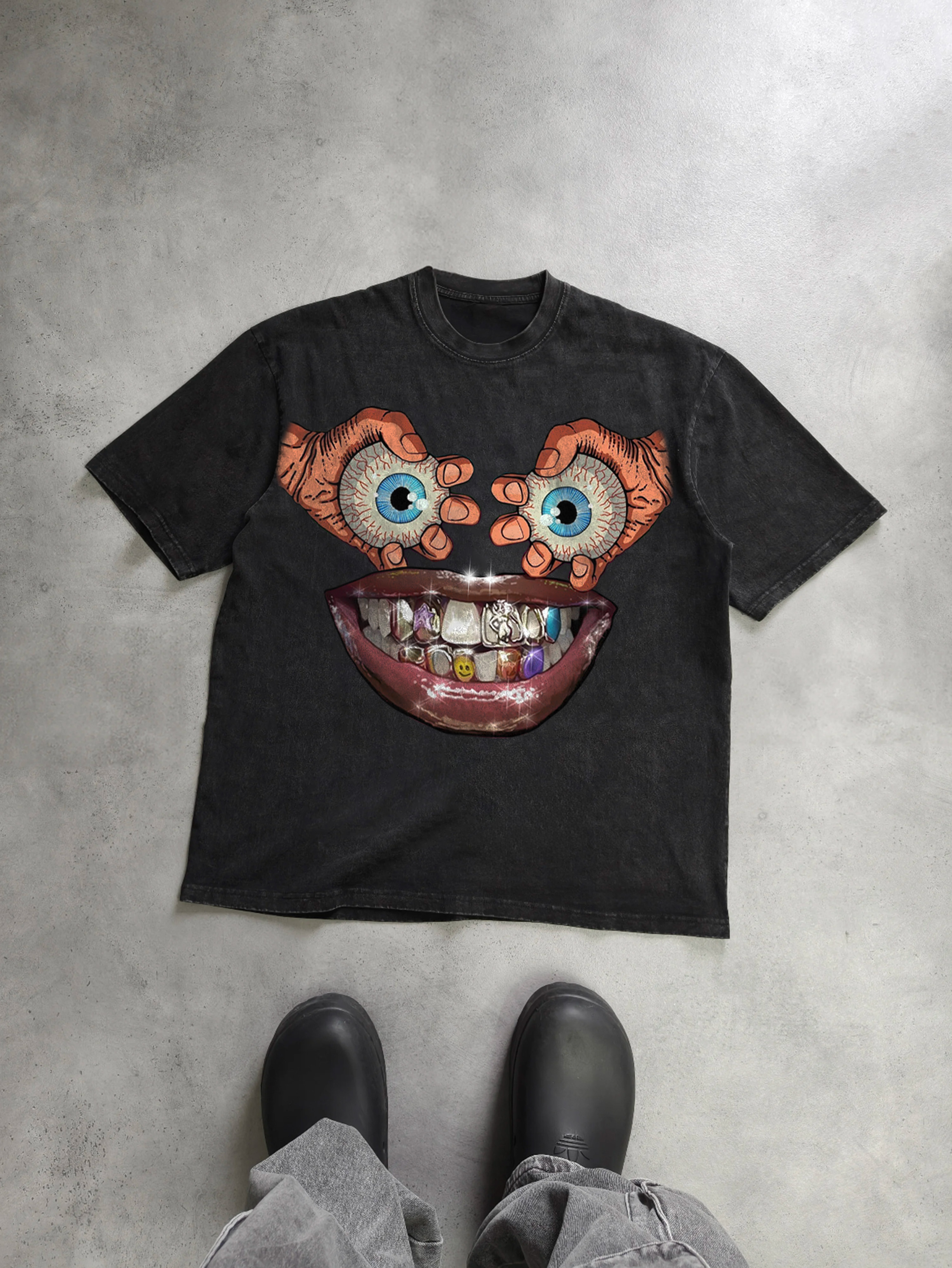 Eyes, Lips, Braces Retro Cartoon Graphic Acid Wash T-shirt