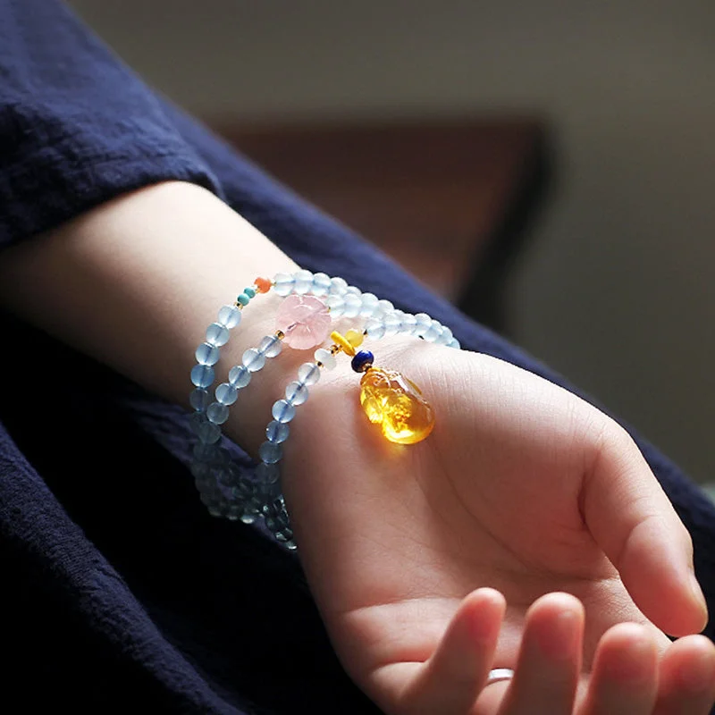 Natural Aquamarine Amber Flower Cheongsam Charm Healing Bracelet