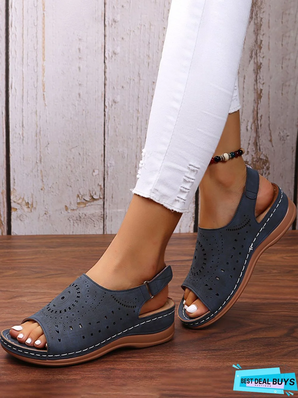 Ethnic Pattern Punched Hollow Velcro Vintage Sandals