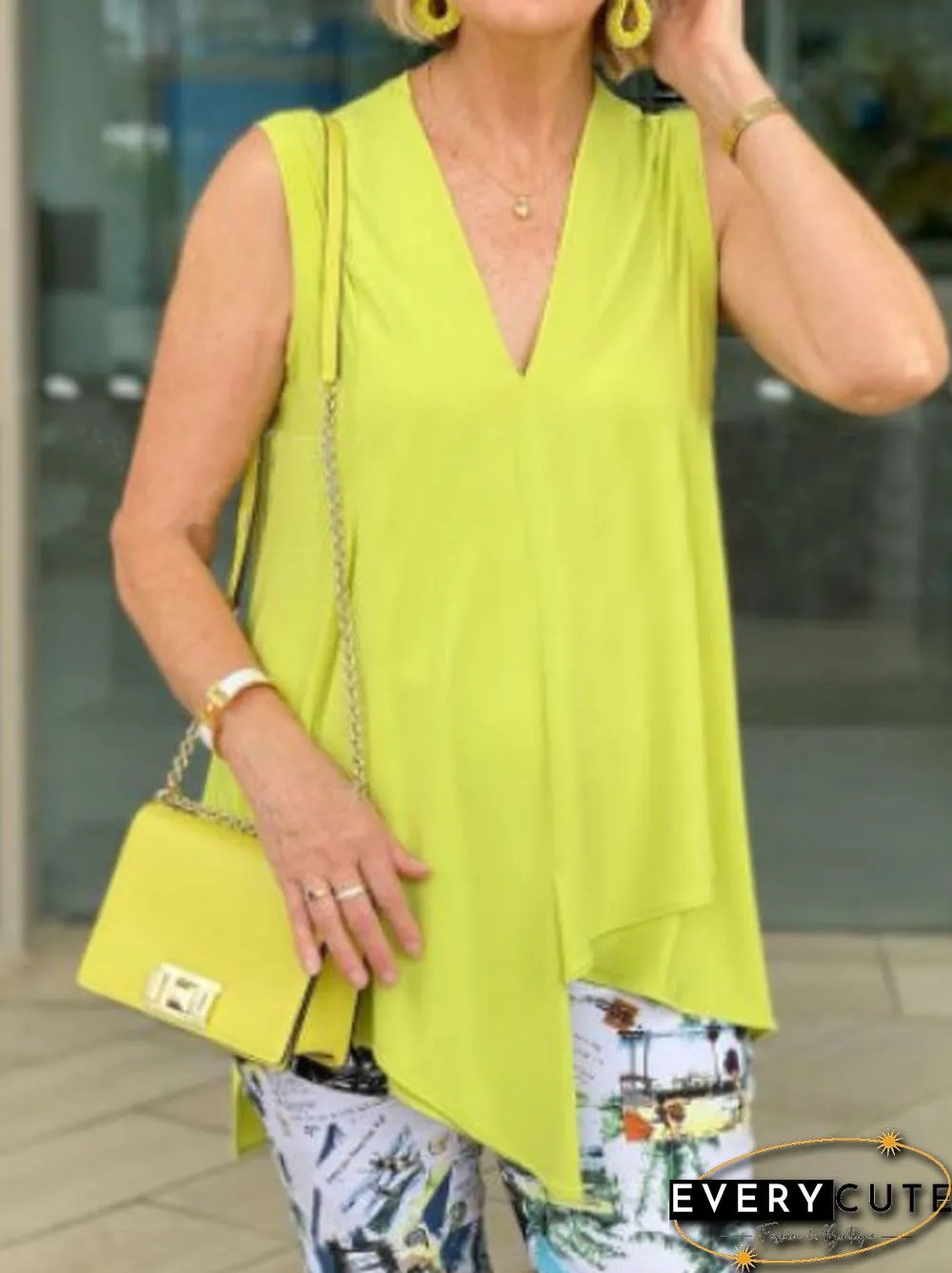 Women'S Tank Tops Solid V-Neck Irregular Sleeveless Tank Top