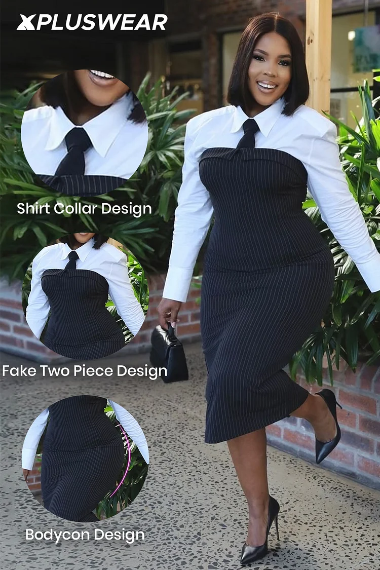 Plus Size Business Casual Black Shirt Collar Long Sleeve Split Midi Dresses
