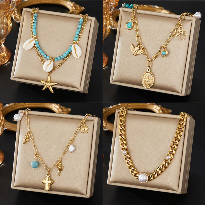 Retro Oval Brand Portrait Pendant Sweater Chain Versatile Turquoise Water Drop Pearl Angel Clavicle Chain