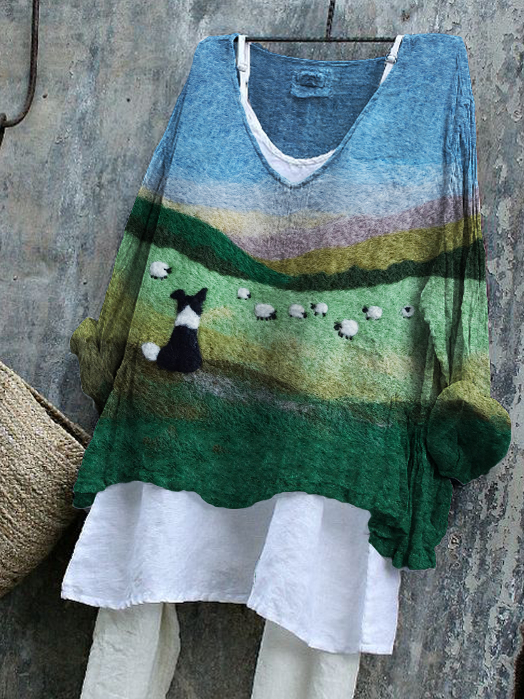 Comstylish Border Collie & Sheep Landscape Felt Art Tunic