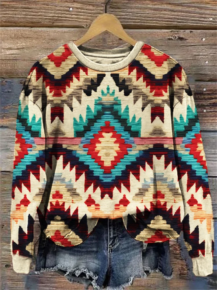 Ethnic Knit Floral Western Print Casual Sweatshirt