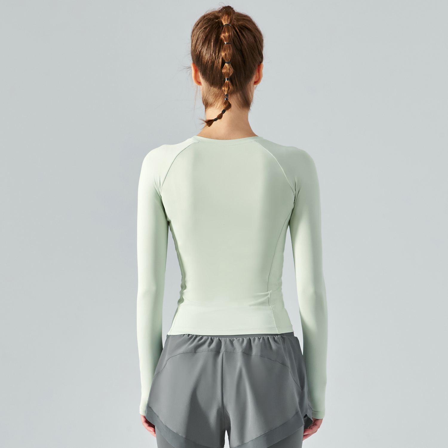 Hergymclothing Light Cream Green raglan sleeve thin dri-fit sports workout gym t shirt with thumb holes online shopping