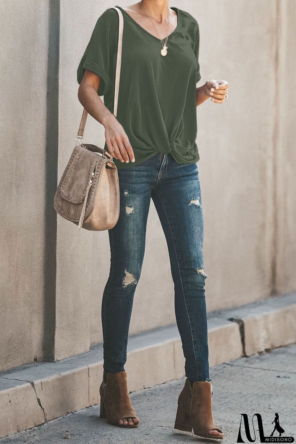 MidiSono - Plain Crew Neck Short Sleeve Twist Tee