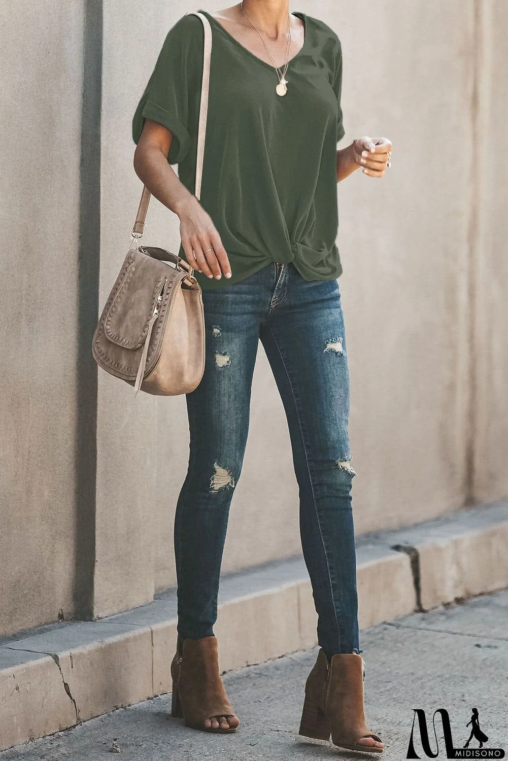 MidiSono - Plain Crew Neck Short Sleeve Twist Tee