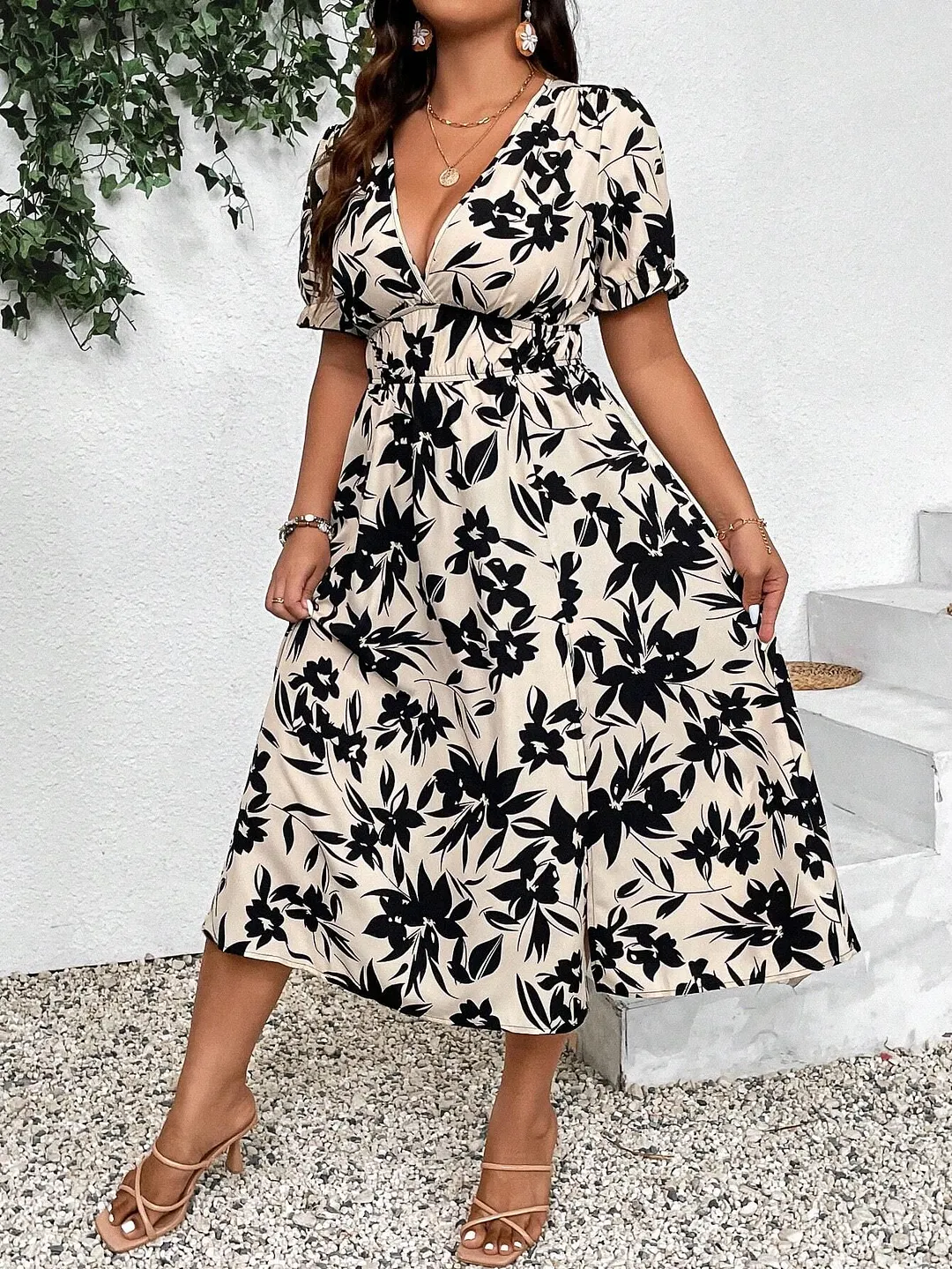 Uveng Uveng Large Size Women's V-Neck Print High-Waisted Dress