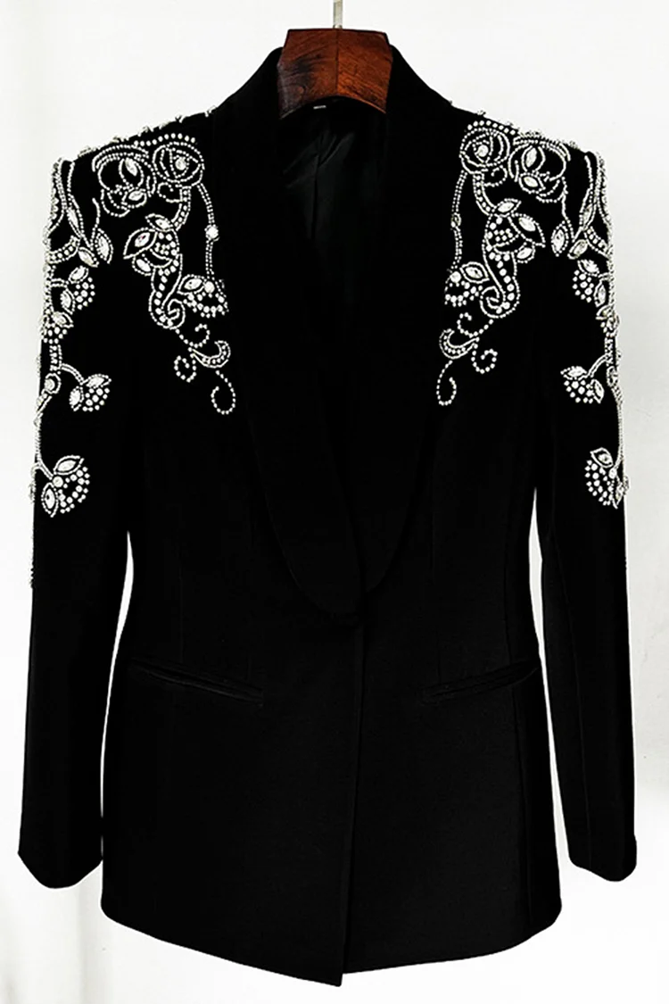 Floral Rhinestone Shawl Lapel Slit Mermaid Two Piece Skirt Set-Black
