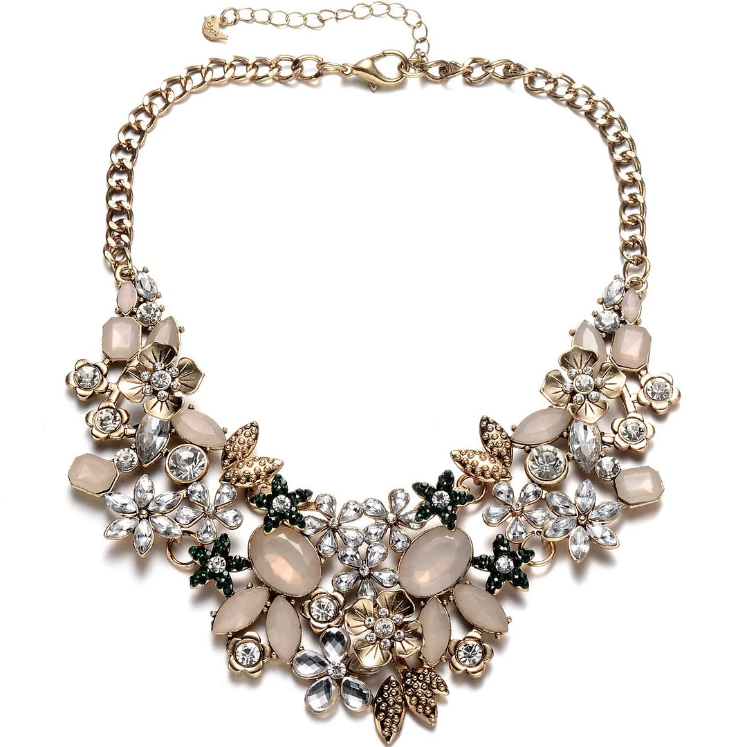 Antique Gold Bib Statement Necklace with Crystal Flower Cluster for Women Weddings Prom (Gold tone)