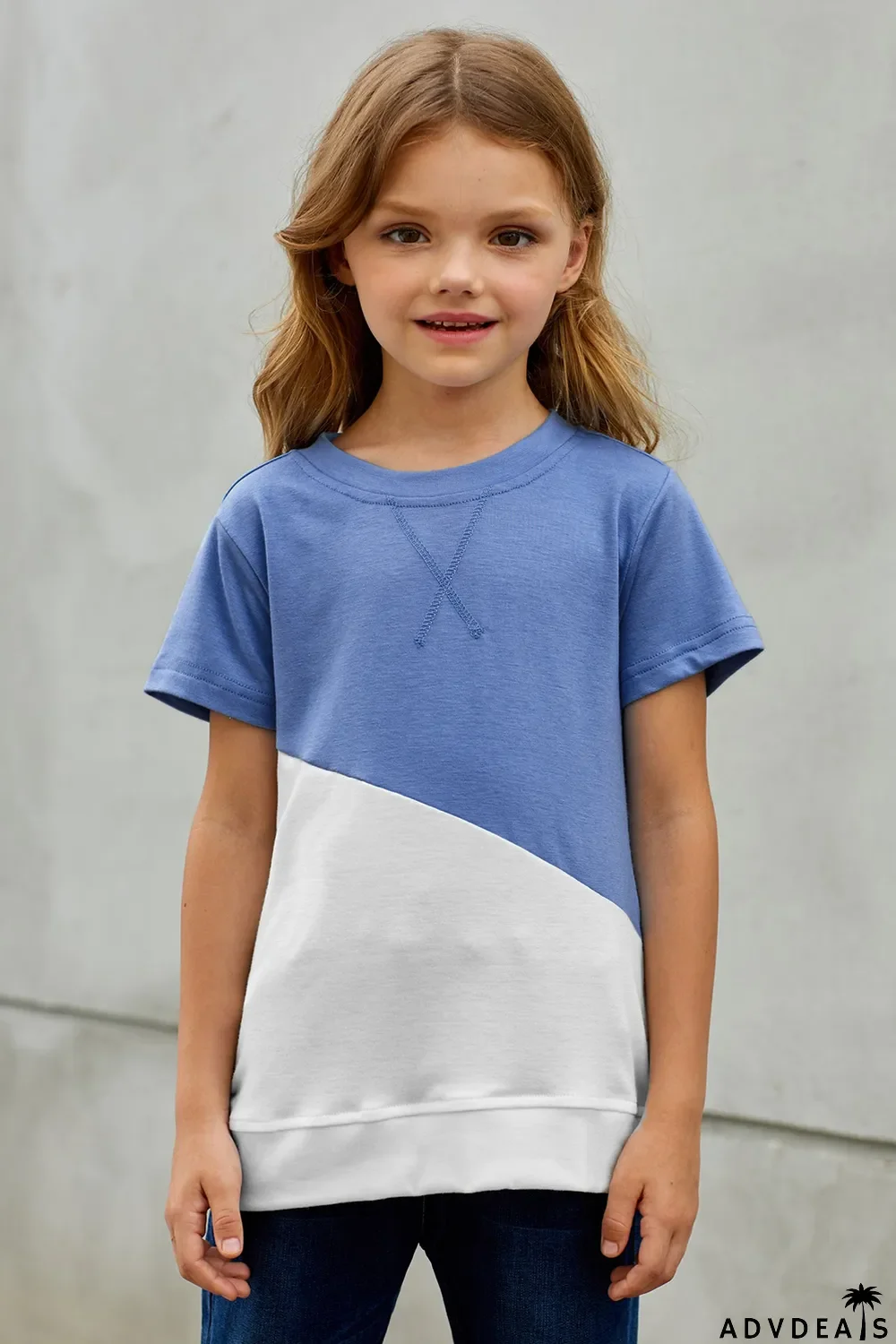 Sky Blue Colorblock Splicing Little Girl Tee