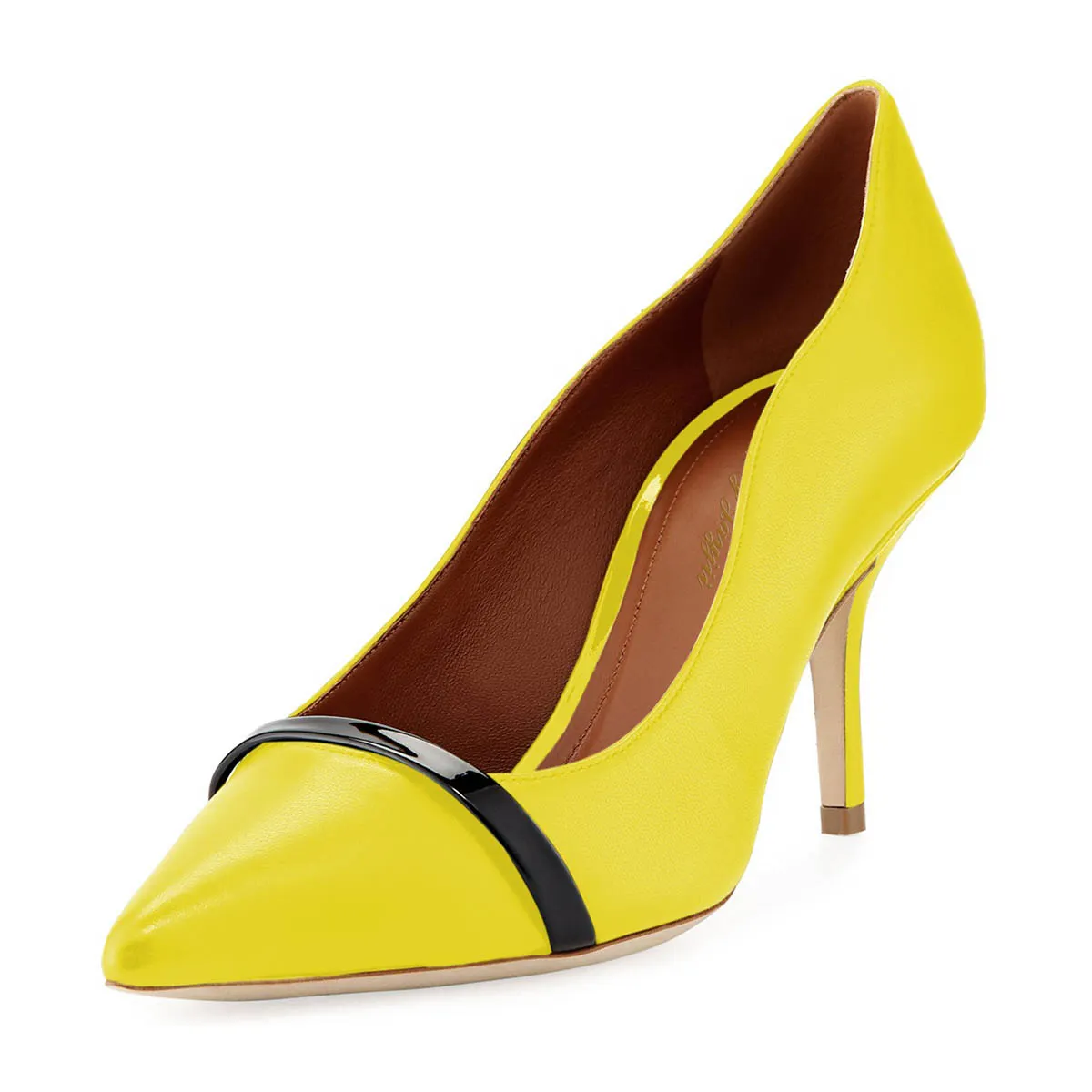 Yellow Vegan Leather Pumps Curved Edge Pointed Toe Stiletto Heels Nicepairs